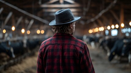 Obraz premium Male farmer in a hat and plaid shirt, inspecting cows in a rustic barn.