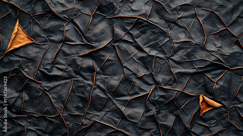 Aufkleber close-up of a textured dark surface with intricate cracks and scattered dried orange leaves creating