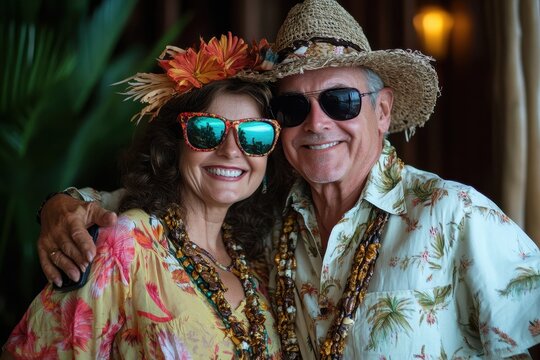 Senior couple enjoying a joyful selfie together in a tropical setting, surrounded by lush greenery and vibrant decorations during their vacation