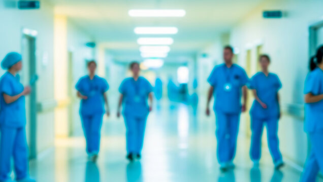 Healthcare workers in blue scrubs walk down a bright hospital corridor.premium photo of a blurry hospital room for posters, banners, and pamphlets - Powered by Adobe