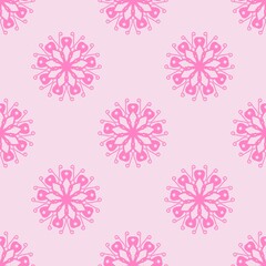 Seamless pattern with vibrant pink mandala floral motifs on a soft pastel background, perfect for textiles, digital art, and decorative designs.