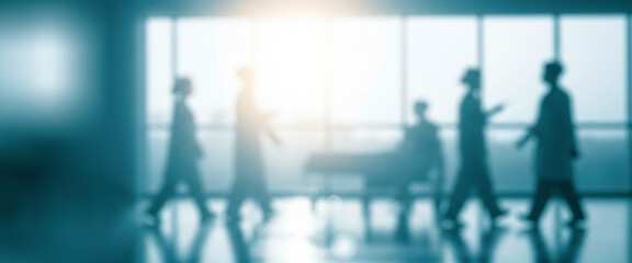 Blurred figures walk in a bright modern office space with large windows.premium photo of a blurry hospital room for posters, banners, and pamphlets