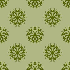 Seamless pattern with green mandala motifs on a light green background, perfect for textiles, digital art, or decor.