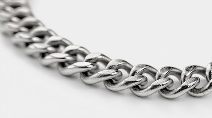 Obraz premium Close-up of a shiny, silver-colored metal chain with interlocked links, partially visible against a white background, showcasing its texture and form.