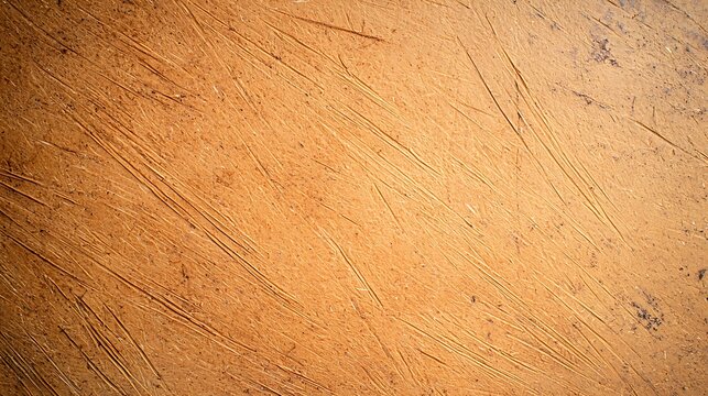 A close-up of a scratched and worn orange-brown surface, showing various fine and deep marks across its texture.