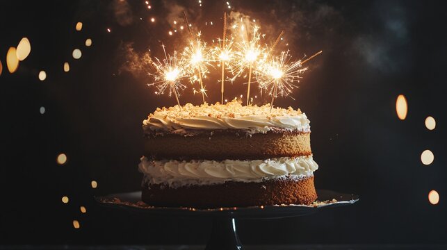 Celebration cake with sparklers on a dark background - Powered by Adobe