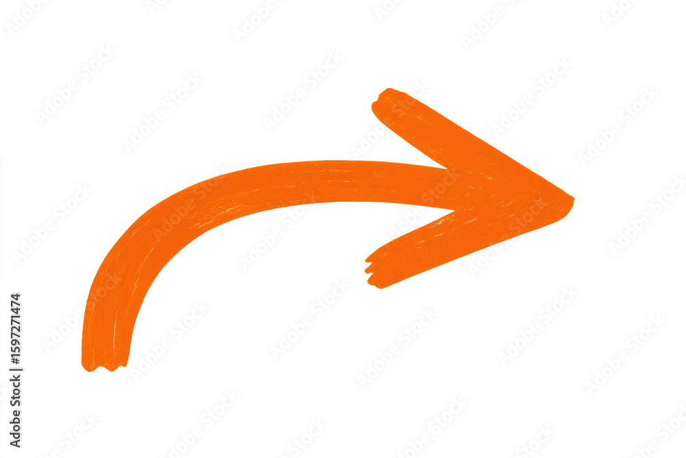 Poster vibrant orange curved arrow pointing rightward, isolated on transparent backdrop, supporting visual 