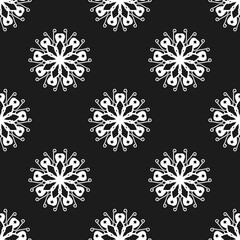 Seamless black and white mandala pattern, perfect for elegant backgrounds, fabric prints, or digital art. Features intricate floral-inspired motifs for spiritual and decorative design.