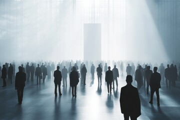 Crowd of anonymous business people at a trade show in a brightly lit space with an atmosphere of anticipation and engagement