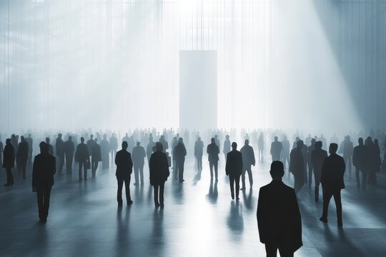 Crowd of anonymous business people at a trade show in a brightly lit space with an atmosphere of anticipation and engagement