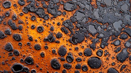 Close-up of an orange surface with irregular black bubbles and textured patterns resembling lava or a chemical reaction.