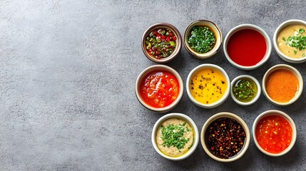 Assortment of Colorful Sauces and Dips in Small Bowls