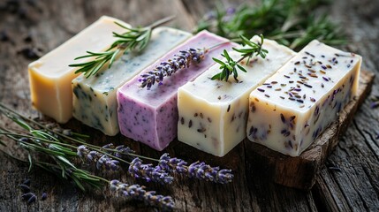 Assorted natural soaps with lavender and rosemary sprigs