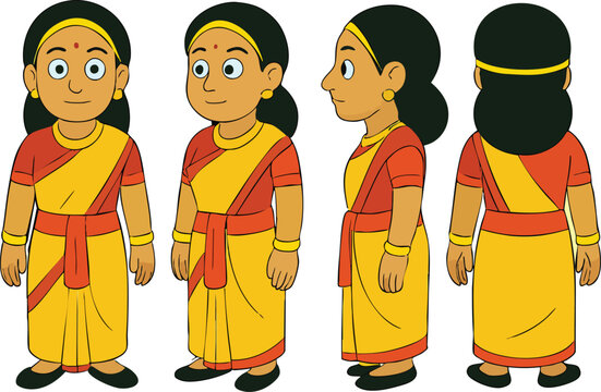 Cartoon Character Turnaround of Indian Woman &ndash; Traditional Saree Design