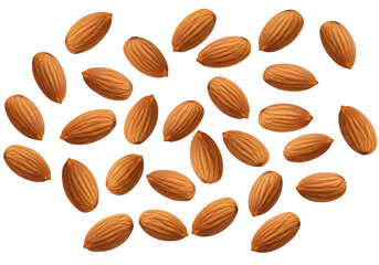 A close-up view of almonds scattered on a surface, showcasing their natural texture and color