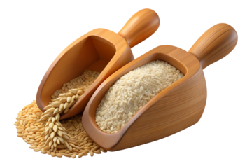 Two wooden scoops filled with raw rice and grains isolated on transparent background