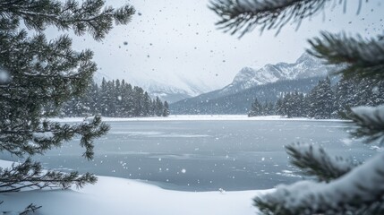 Snowy winter landscape with frozen lake and mountains