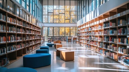 Spacious library interior with tall windows, bookshelves, and seating