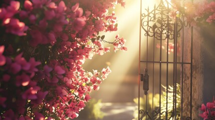 Sunlit garden gate, vibrant pink bougainvillea, soft light