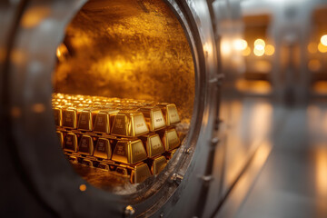 Bank vault interior with rows of shiny gold bars
