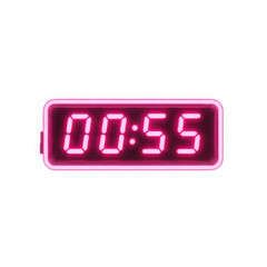 Pink neon digital clock displaying 00:55 time, modern timepiece, electronic timer, numbers, glowing digits, isolated on transparent background