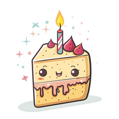 Adorable kawaii birthday cake with smiley face features a single colorful candle and cute cherry toppings, surrounded by sparkling stars and cheerful elements