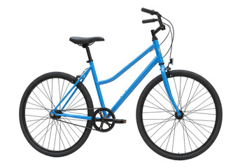 Blue bicycle parked on a sunny street with trees and people in the background