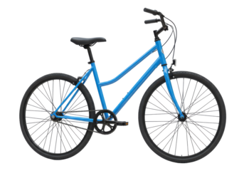 Blue bicycle parked on a sunny street with trees and people in the background