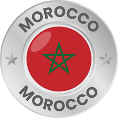Morocco flag in silver colored medal. National flag in metal circle emblem.