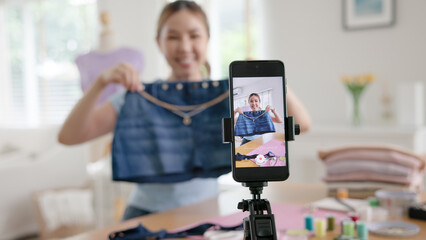 Asia people go green woman selfie live video vlog talk online teach make craft DIY eco second hand...