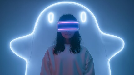 Cyberpunk girl in holographic visor under a giant Halloween ghost shadow on a neon-white backdrop, futuristic spooky