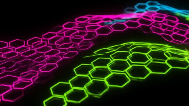 Neon honeycomb paths glow in darkness