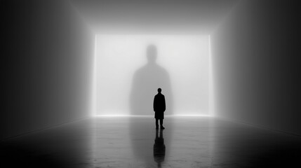 A lone figure stands in the shadow of a massive human silhouette on a white background, minimalist and dramatic