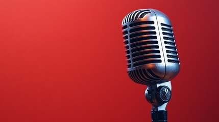 Fototapeta premium Classic microphone on a vibrant red colored background