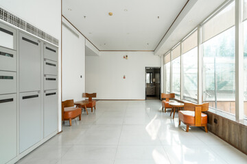 chair and desk in lobby of hotel