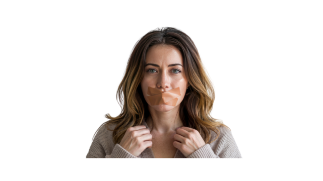 Woman with Tape Over Her Mouth, Silenced and Powerless
