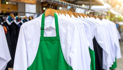 Fototapeta premium Uniform shirts and green apron hanging on a rack, ready for work