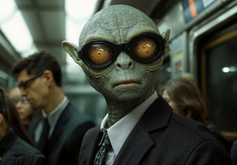 A realistic humanoid alien with green, textured skin and large black goggles stands among humans in a crowded subway train. The alien wears a formal black suit and tie.