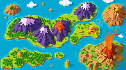 Obraz premium Pixelated Volcano Islands: An Overhead Fantasy World Map