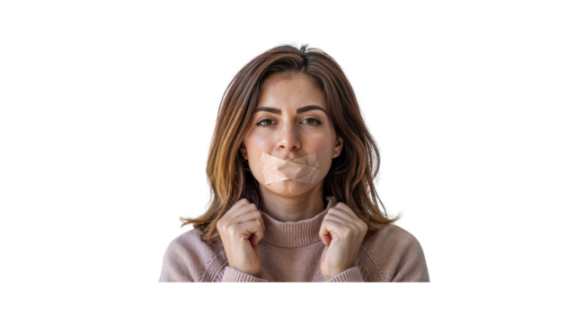 Woman with Tape Over Her Mouth, Censorship and Silencing Concept