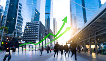 Upward Trend: Green Arrows Ascend Above City Buildings and Pedestrians