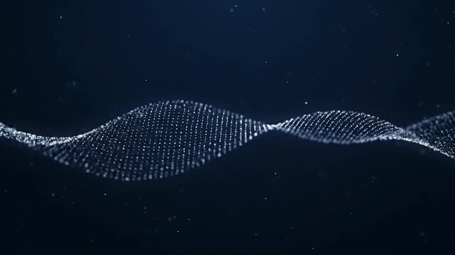 Abstract visualization of a dynamic wave pattern composed of numerous particles exhibiting a three-dimensional sinusoidal motion.