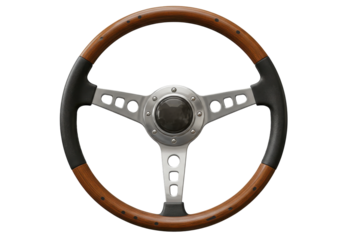 Classic wooden steering wheel with metal accents, isolated on a white background