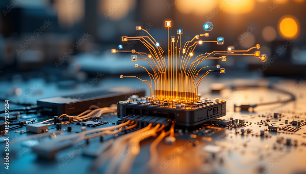 Poster close-up of a circuit board with glowing connections and a central processing unit.