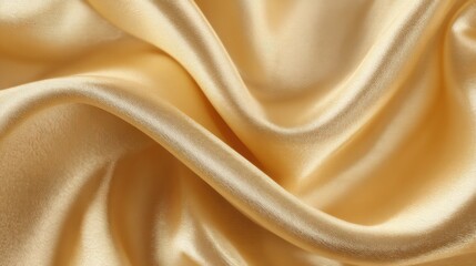Fototapeta premium Golden satin fabric is beautifully arranged in delicate folds, showcasing its luxurious sheen and smooth texture. The light reflects off the surface, enhancing its elegance and richness.