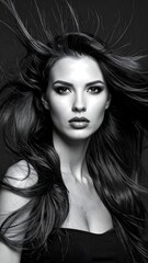 Fototapeta premium Black and white portrait of a woman with flowing hair (1)