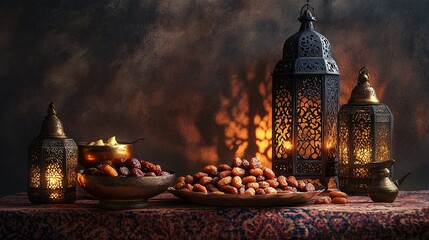 Fototapeta premium Ramadan lanterns, dates, and sweets on a patterned tablecloth