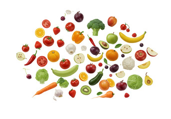 A vibrant assortment of fresh fruits and vegetables arranged artfully on a table