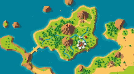 Fototapeta premium Pixel Art Island Map: Volcanoes, Rivers, and Settlement