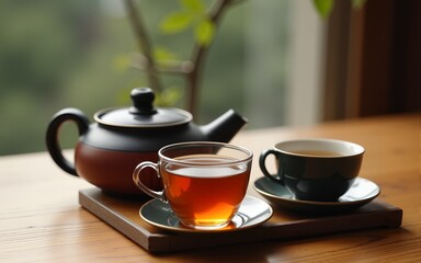 A tea set with a teapot and a cup of tea on a wooden table. High quality